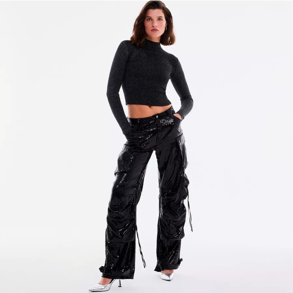 Steve Madden Black Metallic Ribbed Mock Neck Long Sleeve Sweater M